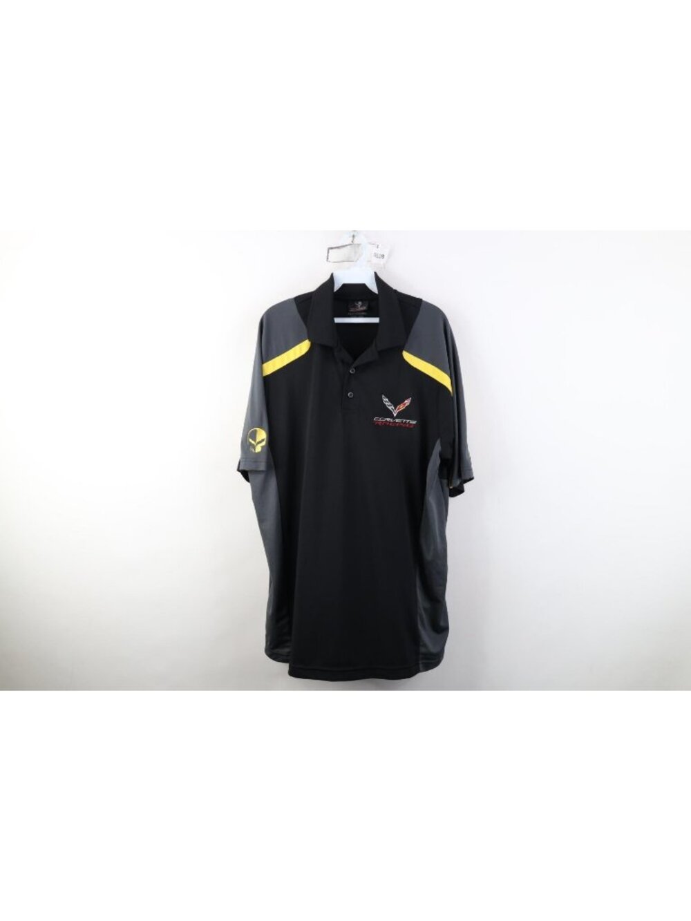 Y2K Mens XL Spell Out Skull Chevrolet Corvette Racing Knit Collared Golf Polo